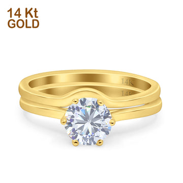 14K Yellow Gold Two Piece Solitaire Accent Round Bridal Set Ring Wedding Band Simulated CZ Size 7